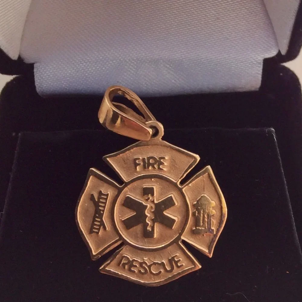 14k Gold Fire Resue with Cadieus symbol Maltese Cross Pendant - Picture 5 of 11